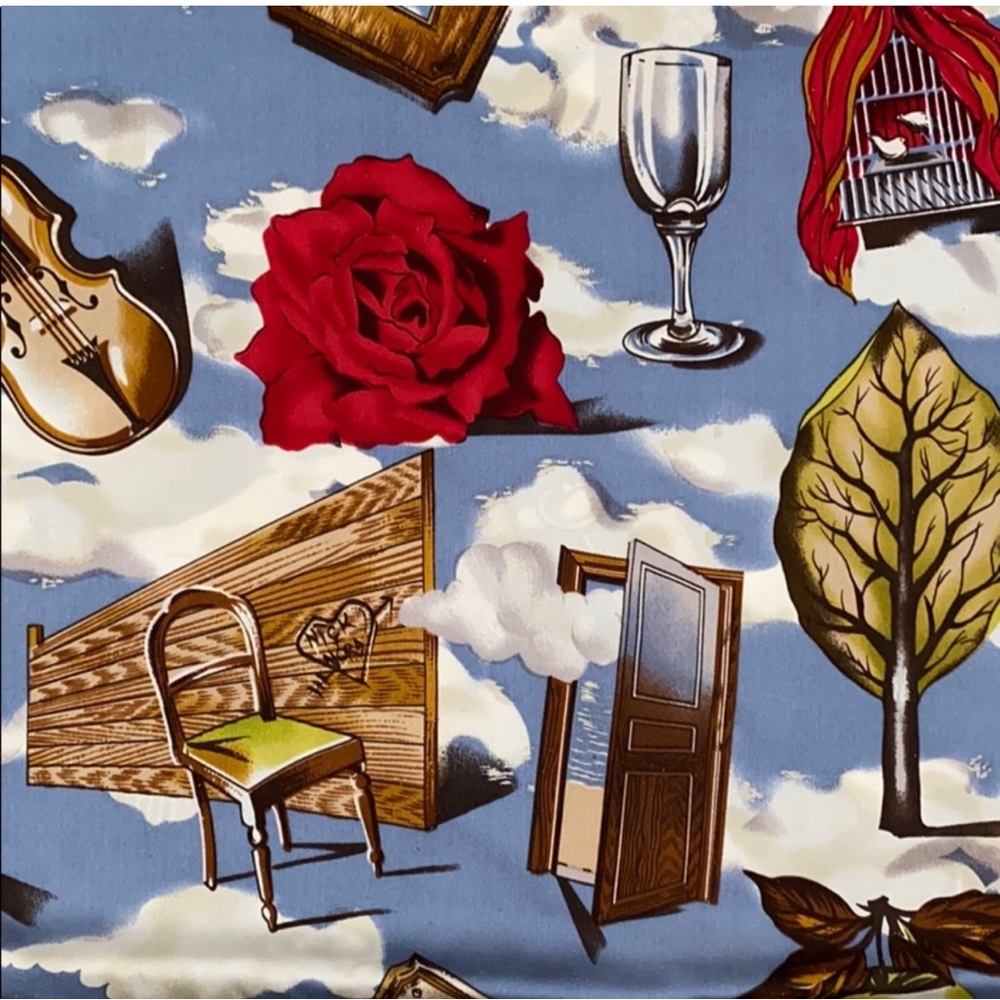 Nick & Nora Artistic Silk Fabric with Red and Blue Magritte Print Vintage 1990s